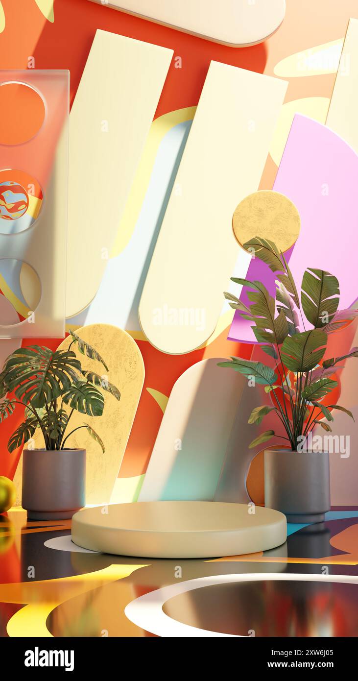 Sfondo di illustrazione 3D per pubblicità e sfondo in motivo retrò e scenografia minimale. Rendering 3D con concetto decorativo. Foto Stock