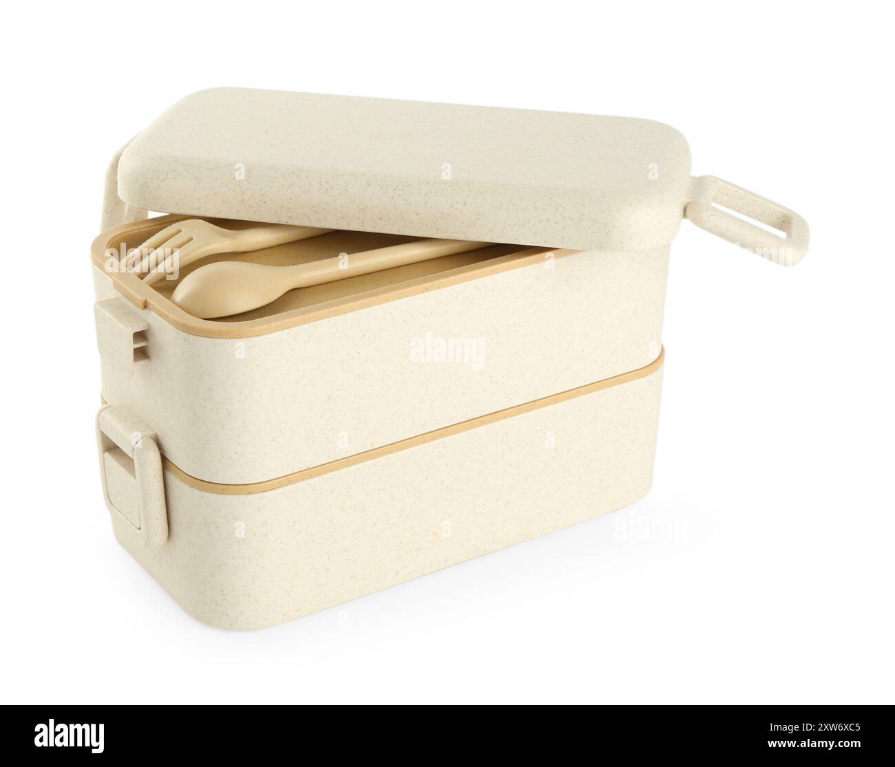 Portavivande in plastica con posate isolate su bianco Foto Stock