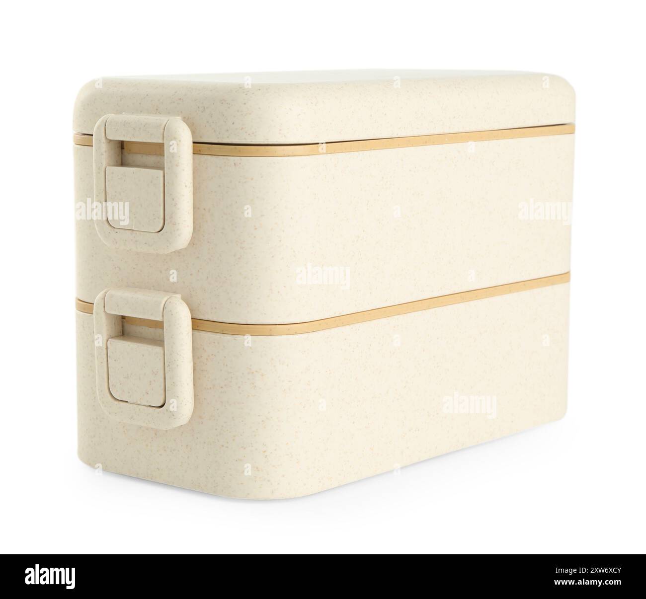 Portavivande in plastica beige isolate su bianco Foto Stock