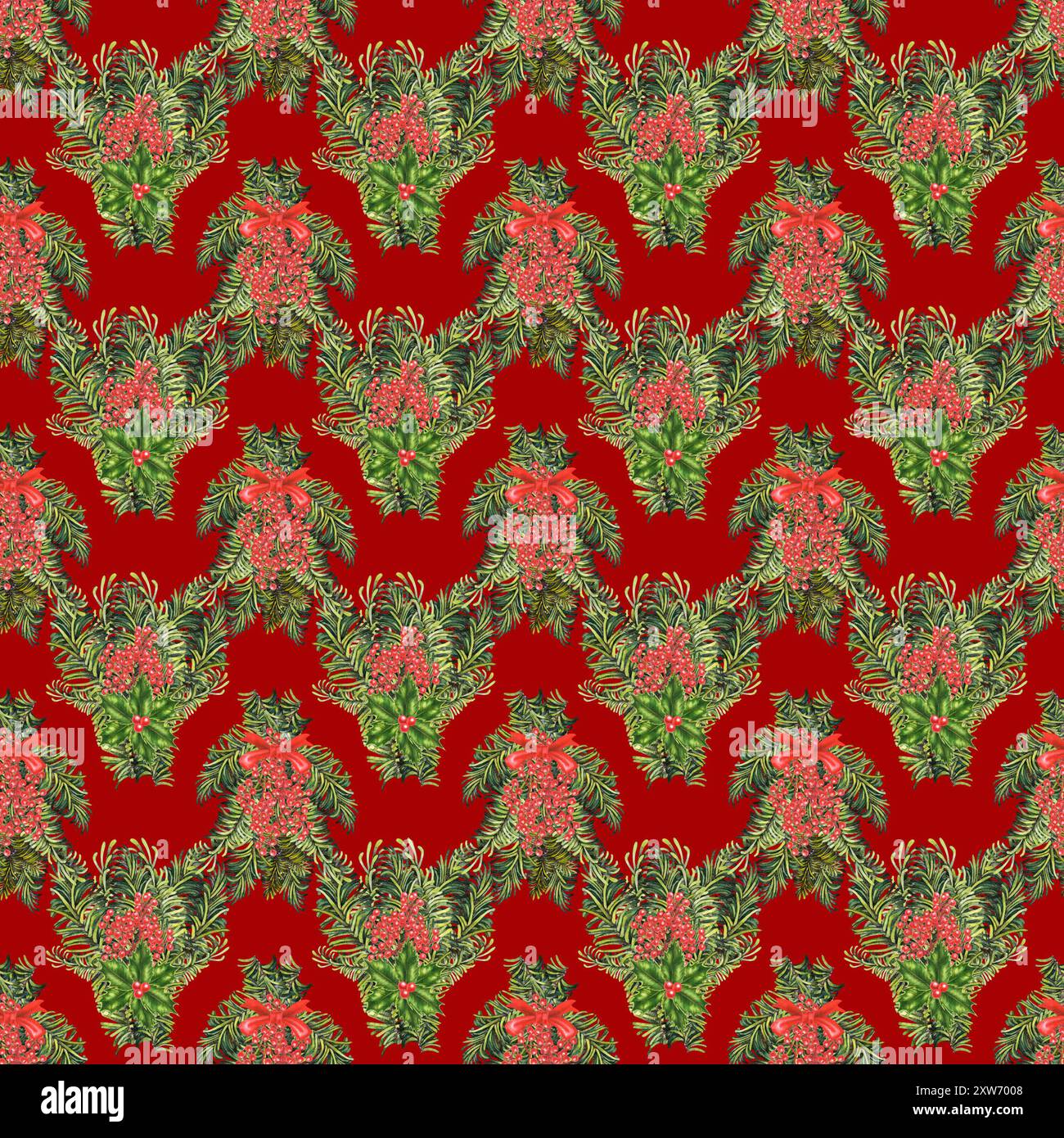 Mazzi di Natale con rametti di abete verde e frutti di bosco. Illustrazione botanica acquerello isolata su sfondo rosso. Vintag Foto Stock