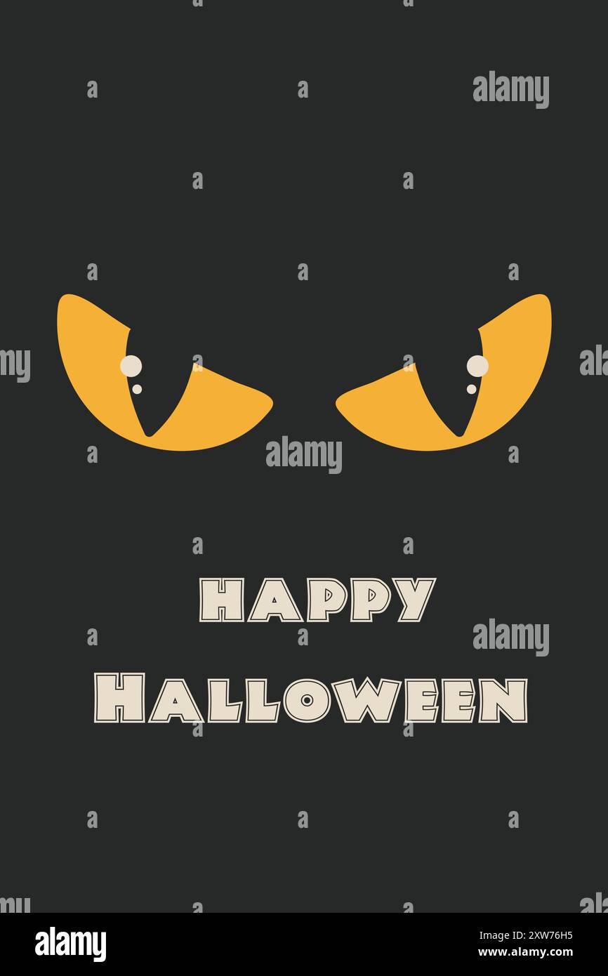 Buon Halloween. Poster retro. Occhi di gatto malvagi gialli e sfondo nero. Illustratore vettoriale Illustrazione Vettoriale