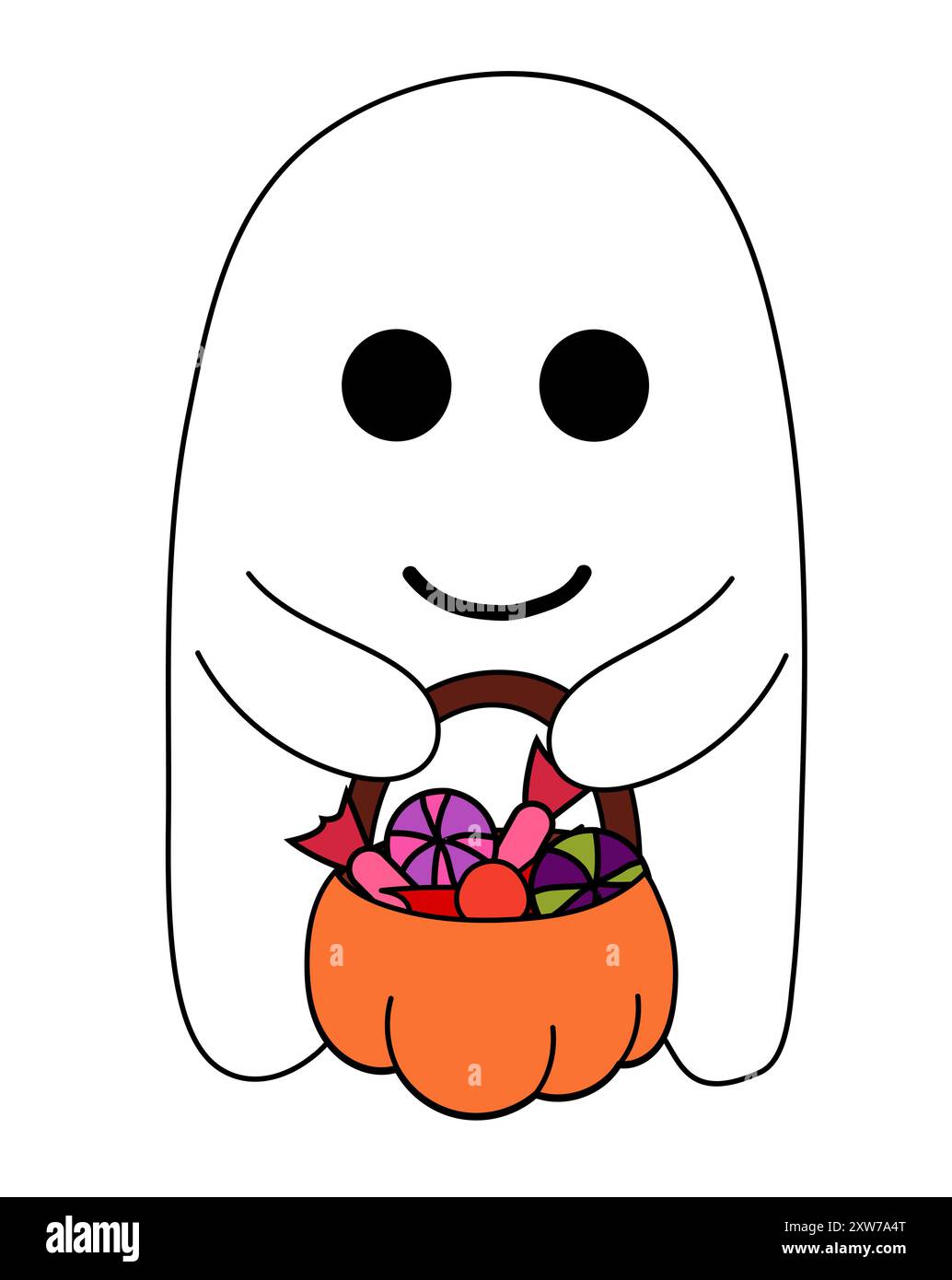 Un simpatico fantasma di Halloween che regge la zucca con caramelle. Personaggi dei cartoni animati delle festività. Illustrazione piatta vettoriale. Illustrazione Vettoriale