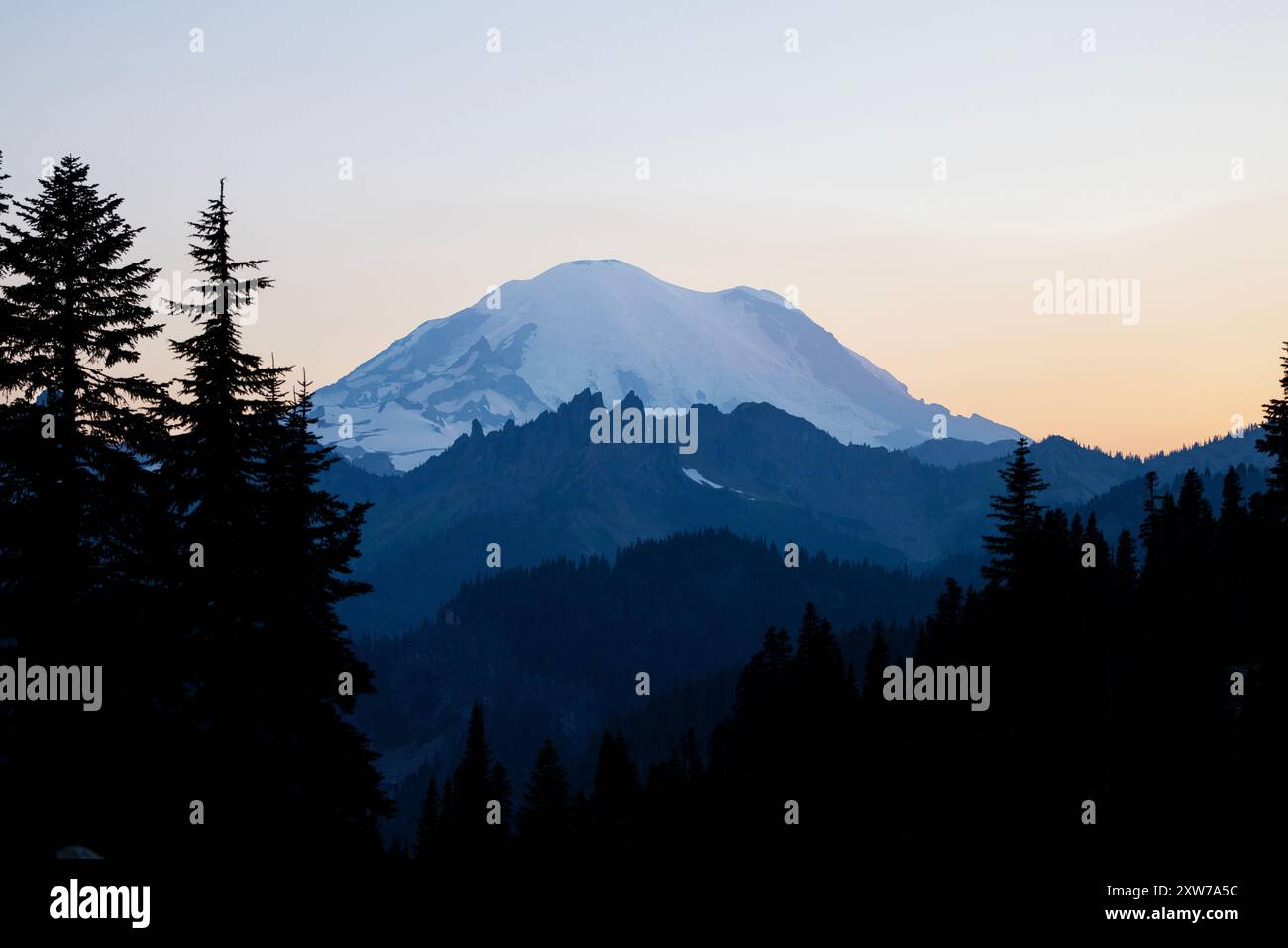 Tramonto sul Monte Rainier al Parco Nazionale del Monte Rainier a Washington, Stati Uniti. Foto Stock