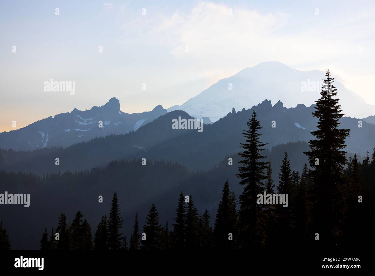 Il Monte Rainier sovrasta il paesaggio del Mount Rainier National Park a Washington, USA. Foto Stock