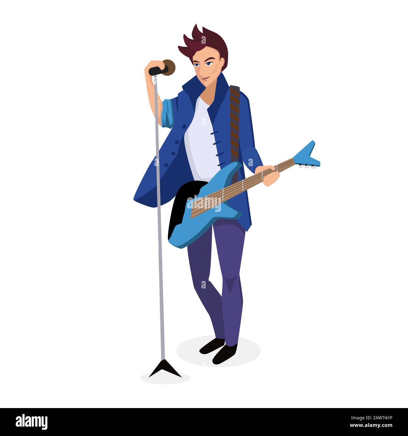 Immagine vettoriale di un bassista rock band con basso elettrico blu e supporto per microfono. Illustrazione Vettoriale