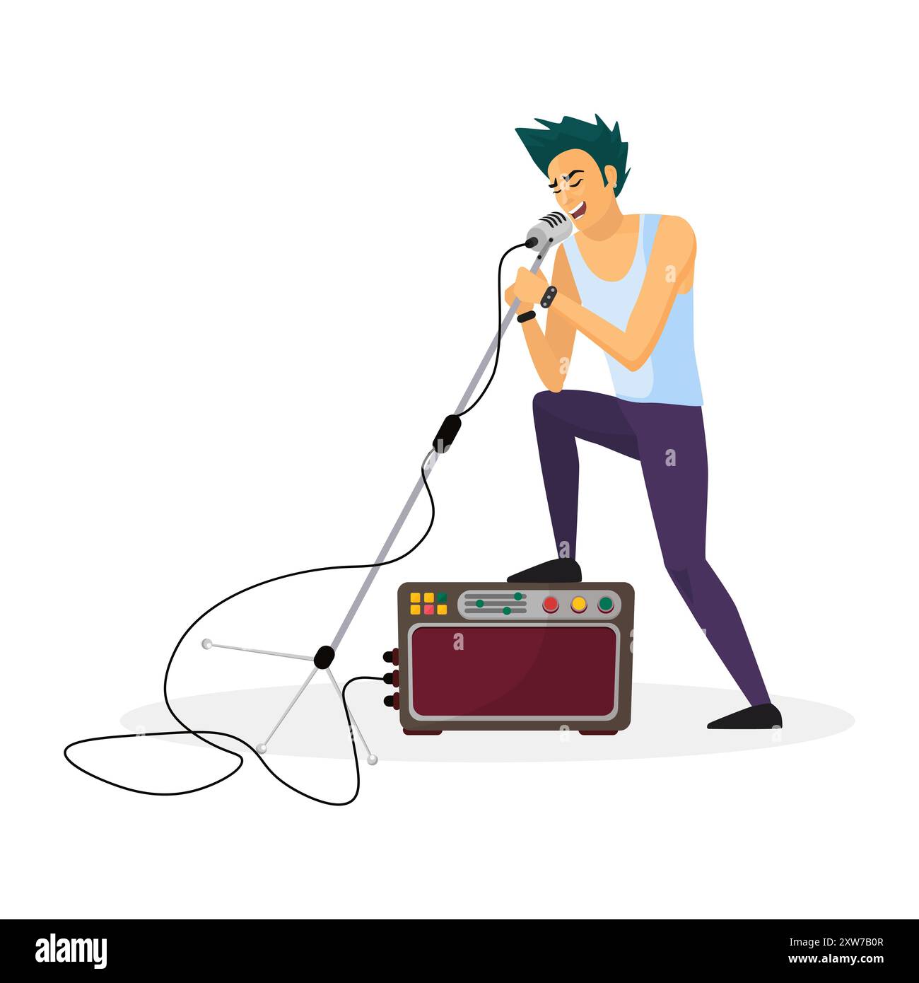 Illustrazione vettoriale di una cantante rock band che canta con passione con un microfono e un supporto. Illustrazione Vettoriale