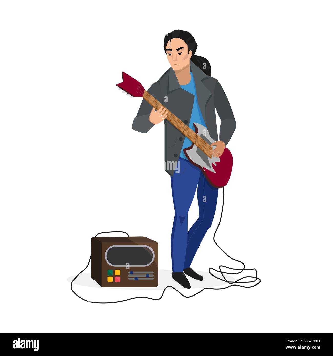 Immagine vettoriale di un chitarrista rock band che suona una chitarra elettrica con un amplificatore. Illustrazione Vettoriale