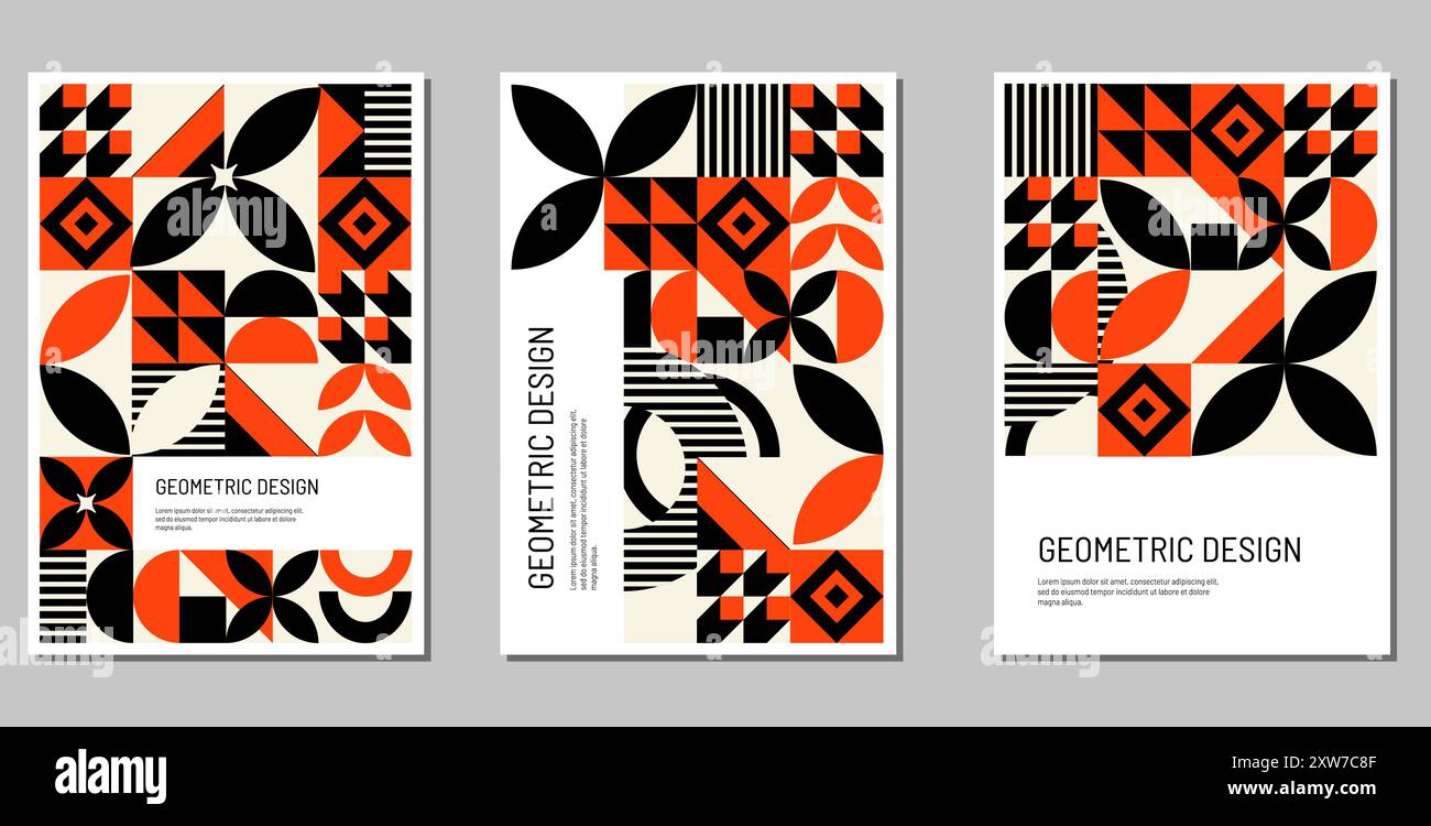 Set di modelli di progettazione astratti per poster. Il motivo in stile Bauhaus con forme geometriche nei colori nero e rosso. Poster interni, invito Illustrazione Vettoriale