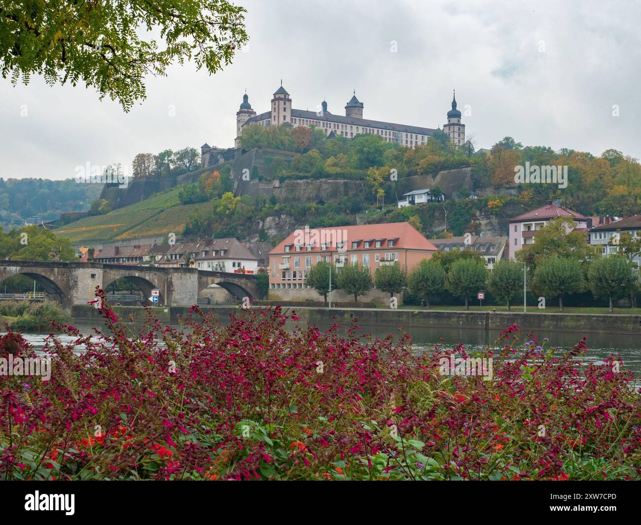 Wuerzburg, Germania - 19 ottobre 2023: Vista sui fiori verso il vecchio ponte e il bastione. Foto Stock