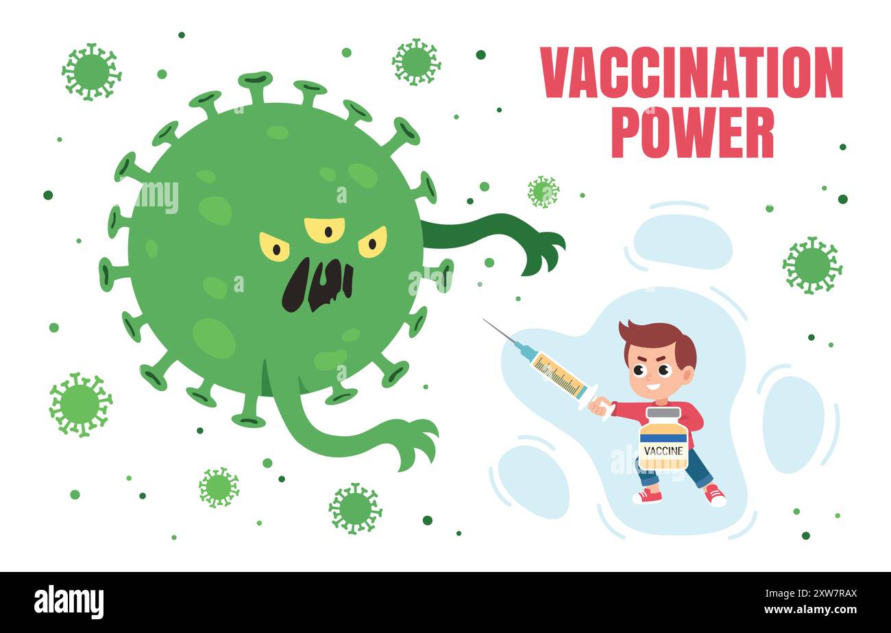 Vaccinato ragazzo lotta virus mostro. Illustrazione vettoriale della vaccinazione dei bambini. La vaccinazione protegge dai virus. Illustrazione Vettoriale