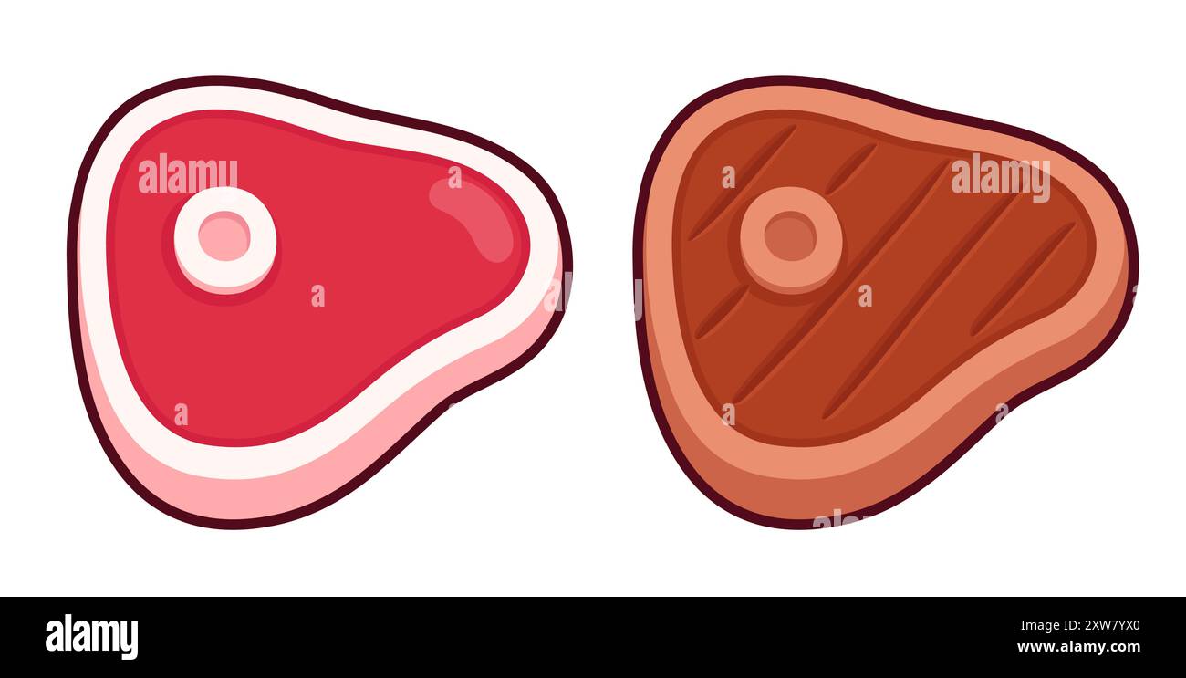 Icona cartoni animati di bistecca cruda e grigliata, pezzo di carne non disossato. Illustrazione grafica del clip vettoriale isolato. Illustrazione Vettoriale