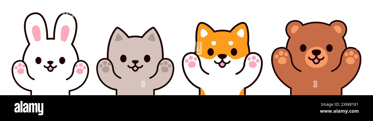 Carini cartoni animati con zampe rialzate da abbraccio. Coniglio, gatto, cane e orso. Semplice disegno di caratteri kawaii, set di illustrazioni vettoriali. Illustrazione Vettoriale