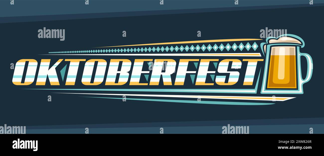 Logo vettoriale per l'Oktoberfest, banner orizzontale con scritta a pennello unica per la parola oktoberfest, illustrazione di una semplice tazza di birra con schiuma e Illustrazione Vettoriale