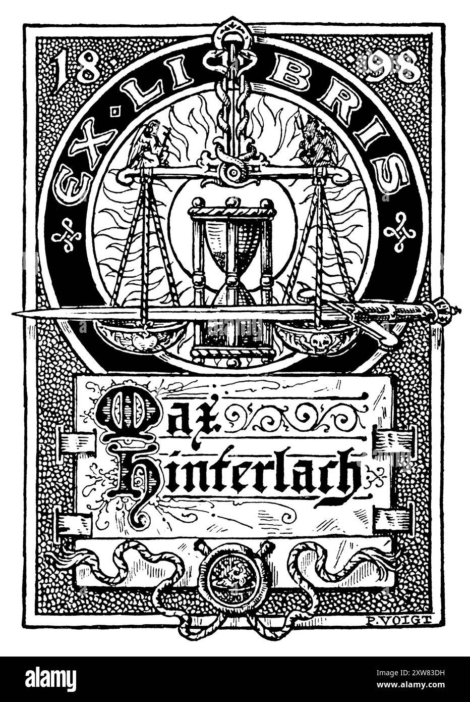 Ill1824 1898 Scales of Justice and Sands of Time Bookplate per Max Hinterlach dell'artista tedesco Paul Voigt Foto Stock