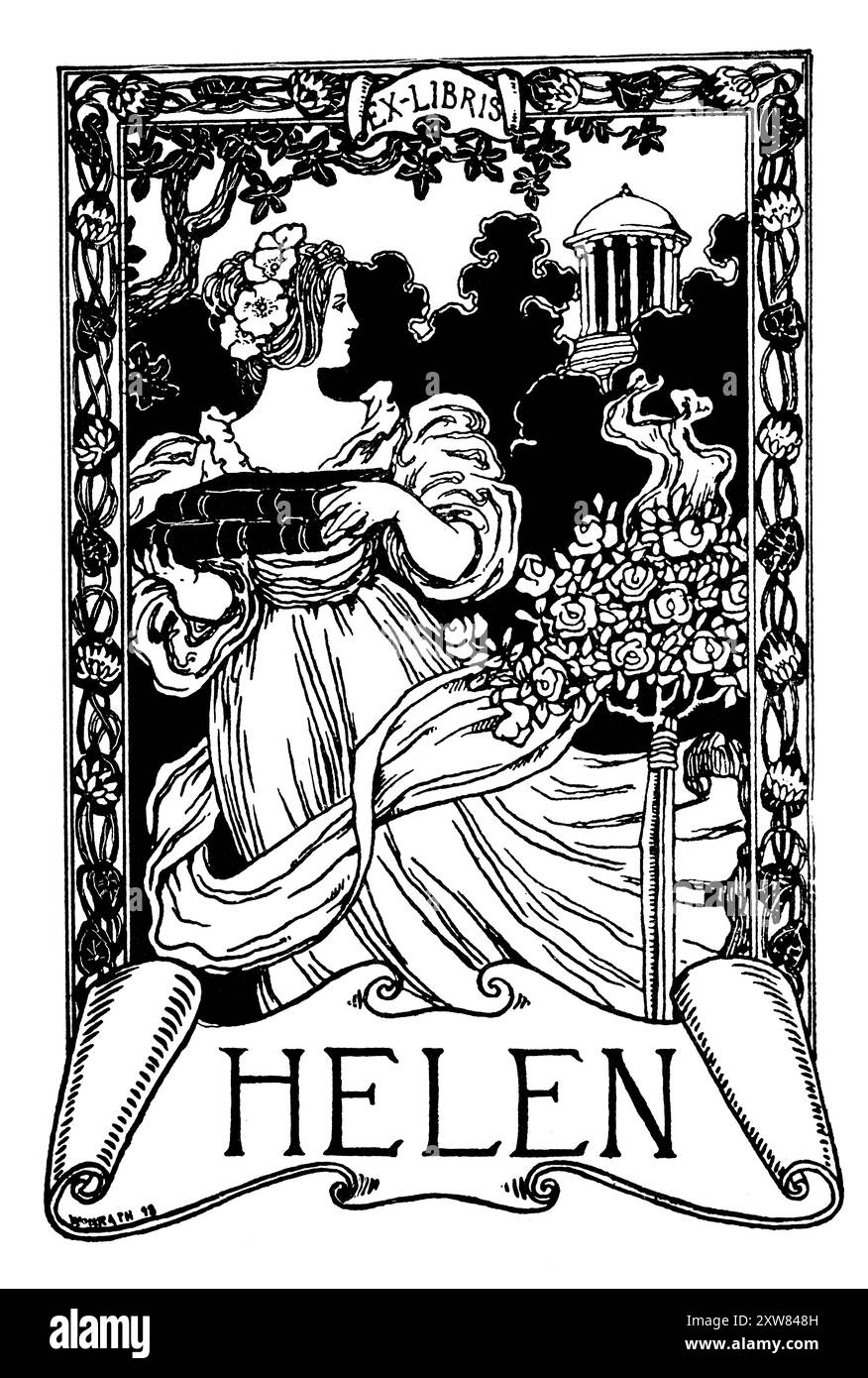 1898 donna con libri in libreria in giardino per Helen dell'artista americano Andrew Kay Womrath Foto Stock