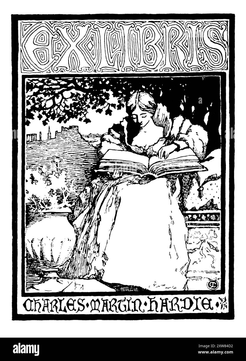 1898 donna che legge in un libro di design giardino per l'artista Charles Martin Hardie, disegnato dal paesaggista scozzese James Cadenhead Foto Stock