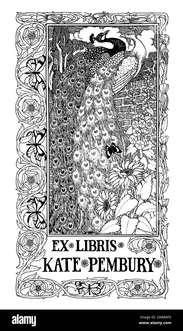 Libreria art nouveau design pavone 1898 per Kate Pembury, disegnata dall'illustratore animale Percy James Billinghurst Foto Stock