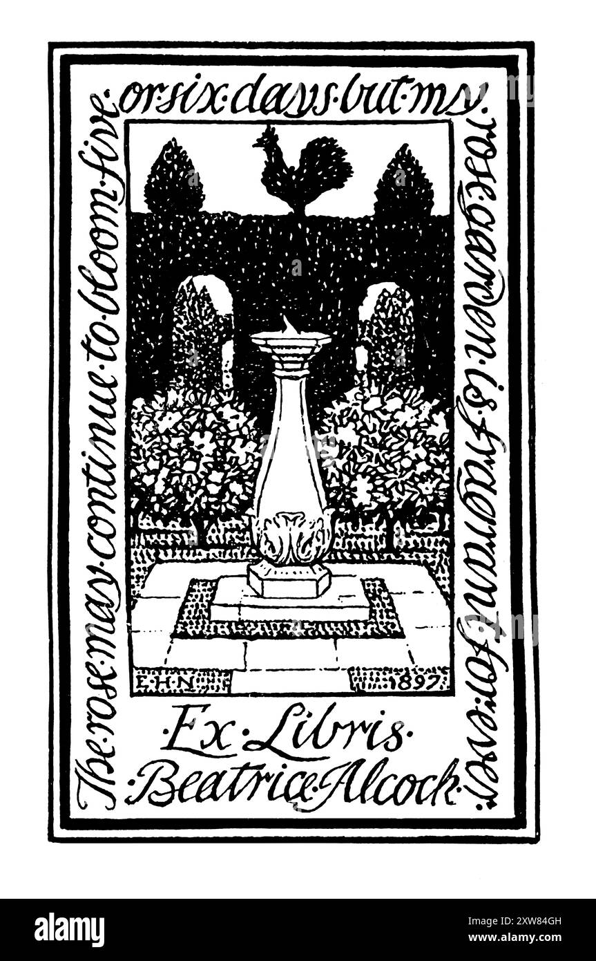 Libreria a tema giardino 1898 per l'artista Beatrice Alcock, disegnata dall'artista del gruppo Birmingham Edmund Hort New. La rosa potrebbe continuare a fiorire fi Foto Stock