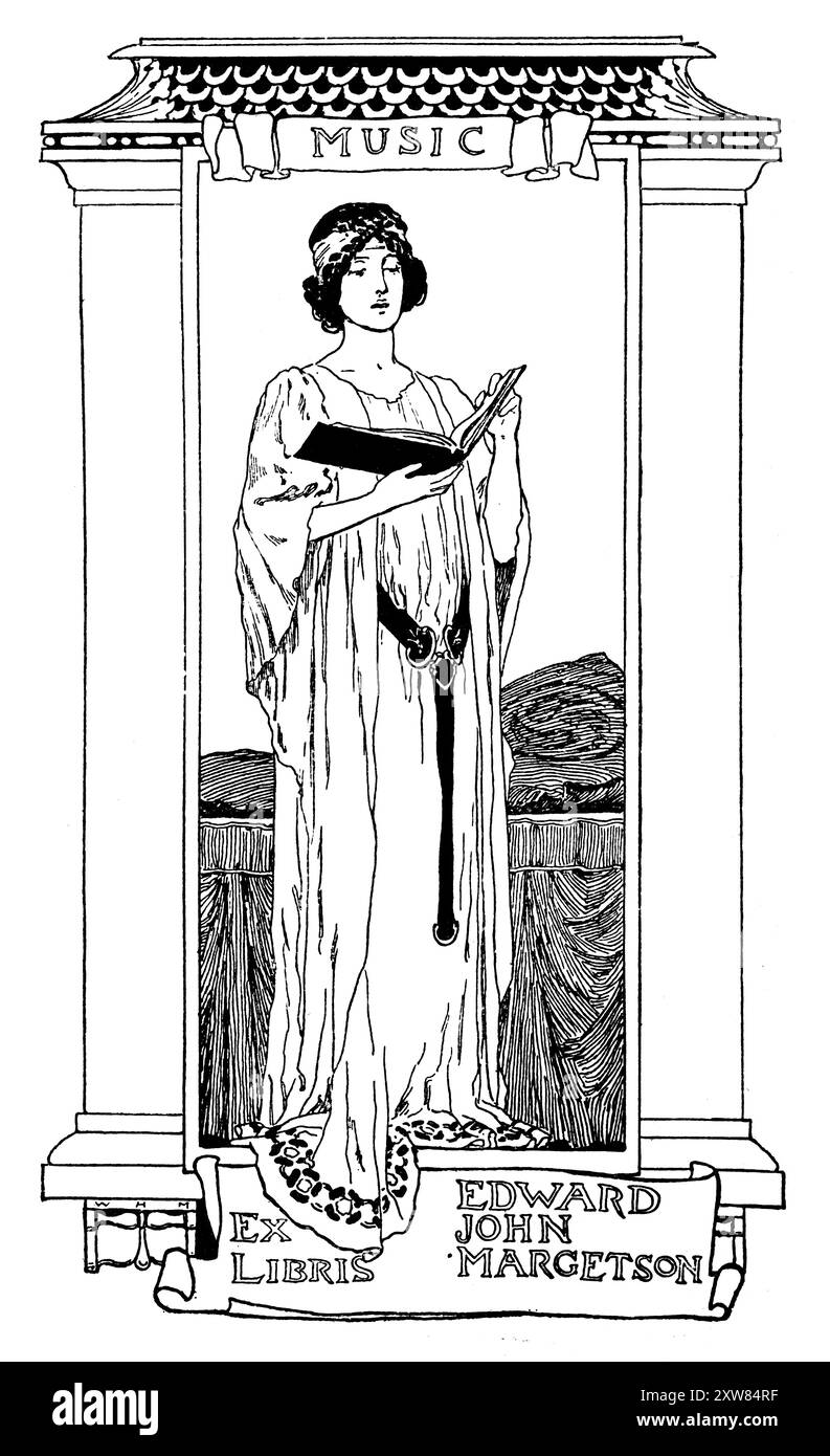 Libreria a tema musica anni '1890 per il compositore Edward John Margetson progettata dal pittore e illustratore William Henry Margetson Foto Stock