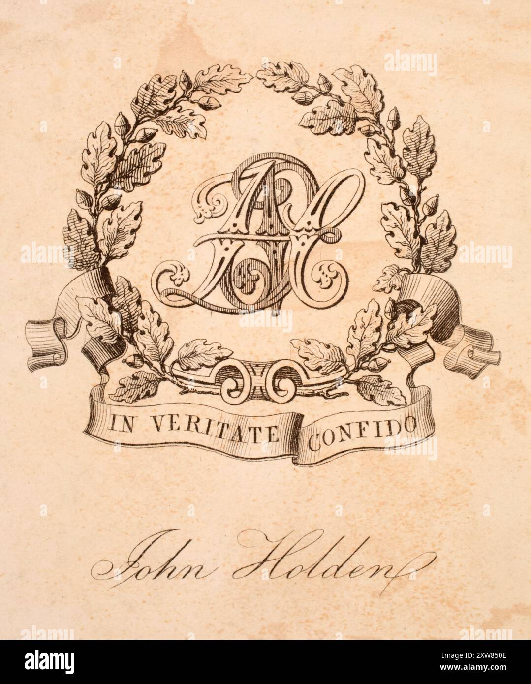 Bookplate design per John Holden intorno al 1885, con il motto in Veritate Confido, ‘i trust in the Truth’ Foto Stock