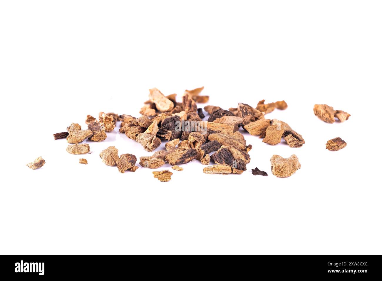 grande mucchio di radici essiccate alla genziana gialla isolato su sfondo bianco. amaro per apéritifs, liquori e tonici. erboristeria Foto Stock