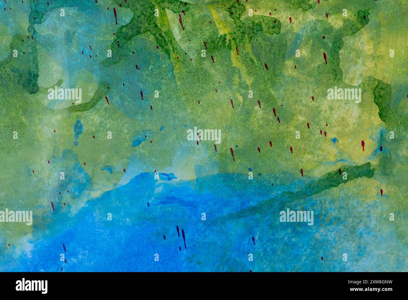 Colorato verde e blu acquerello astratto con spruzzi rossi Foto Stock