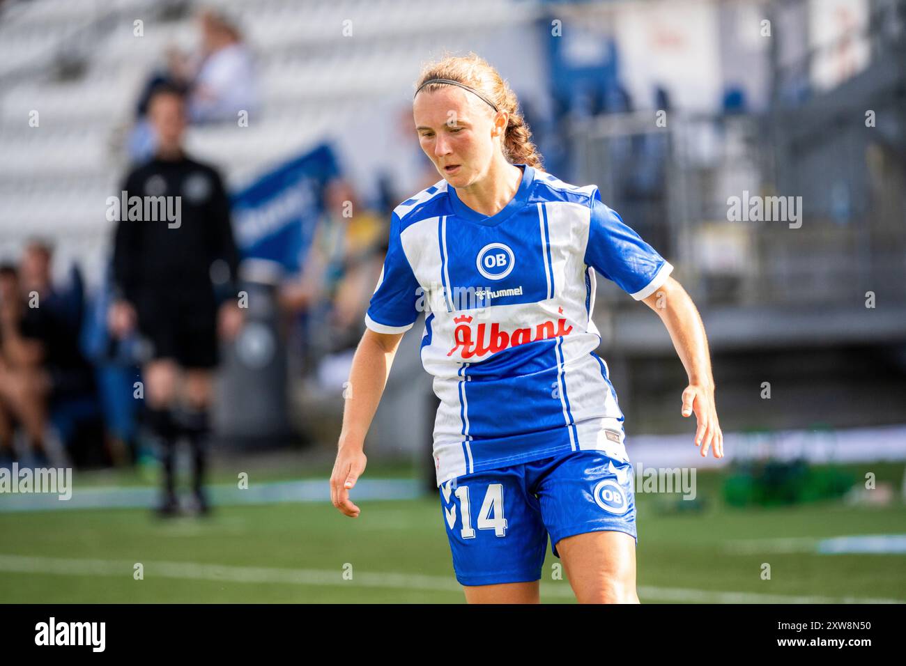 Odense, Danimarca. 17 agosto 2024. Emily Gray (14) di OB Q vista durante il Gjensidige Kvindeliga match tra OB Q e Broendby IF al Nature Energy Park di Odense. Foto Stock