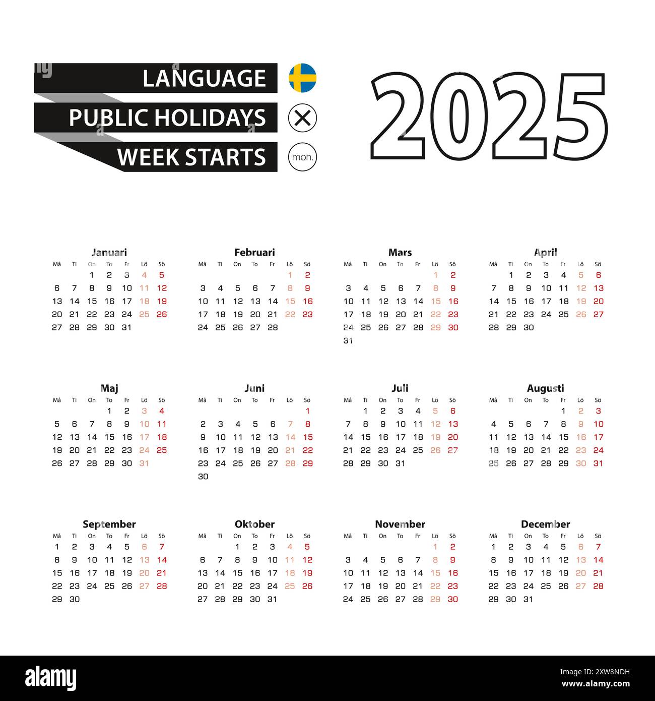 Calendario 2025 in lingua svedese, la settimana inizia lunedì. Calendario vettoriale 2025 anni. Illustrazione Vettoriale