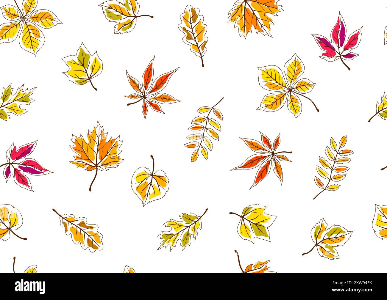 Modello con foglie autunnali. Sfondo con varie foglie. Illustrazione Vettoriale