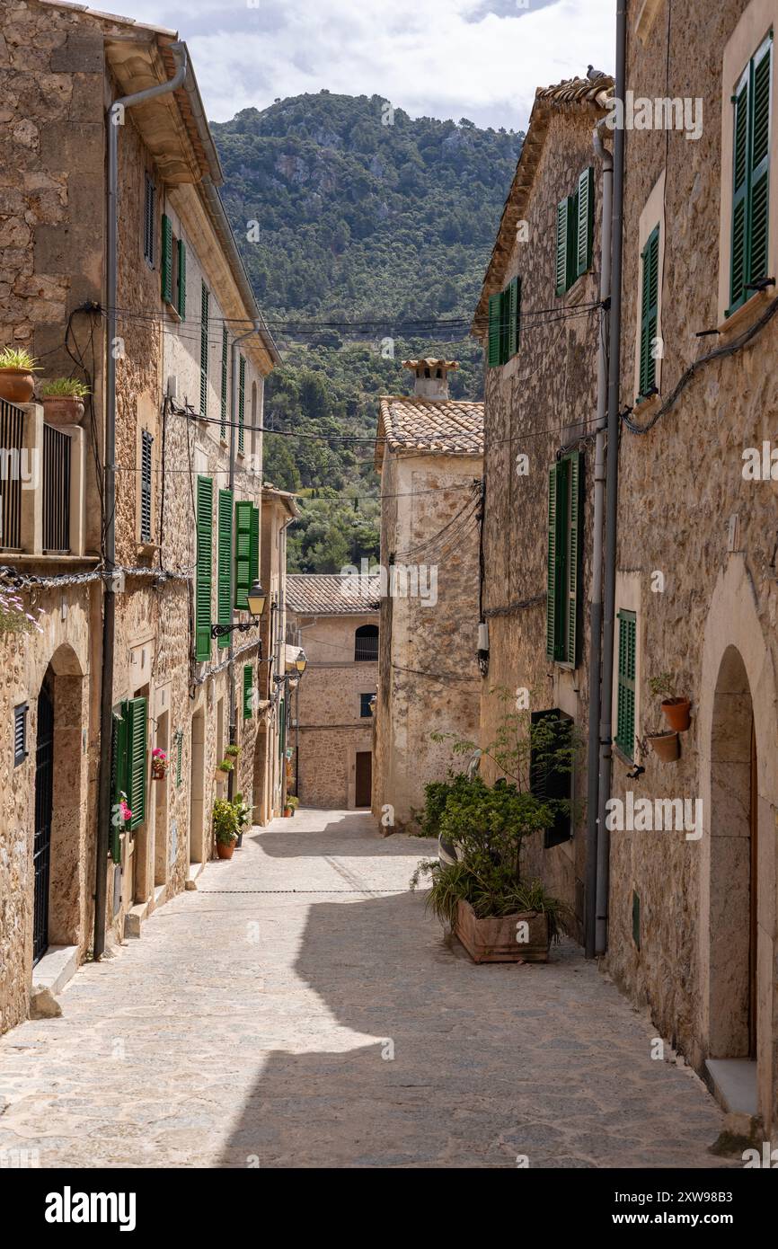 Affascinante vicolo a Valldemossa, Maiorca, fiancheggiato da tradizionali cottage in pietra e vivaci piante in vaso con montagne sullo sfondo. Foto Stock