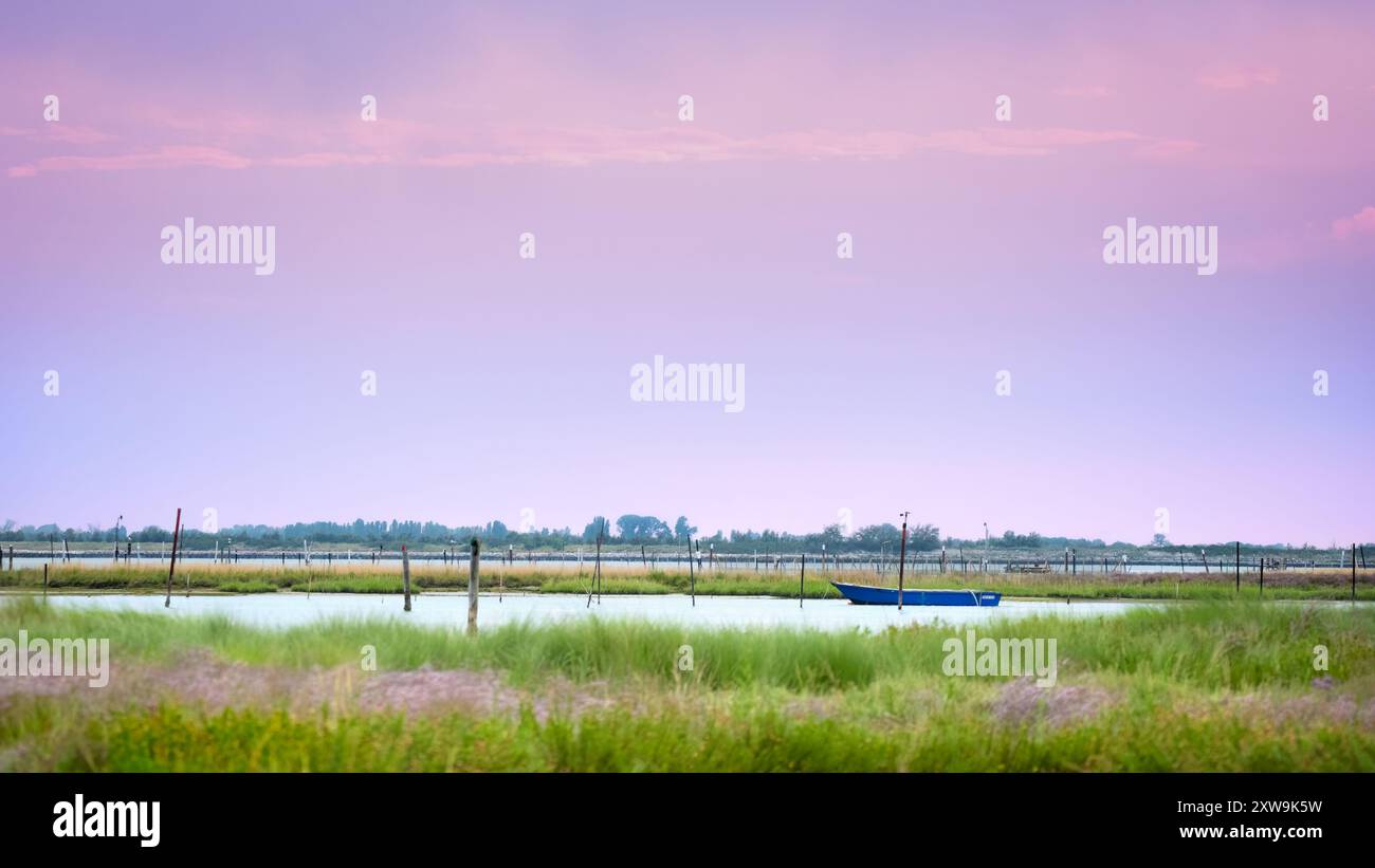 Fotografia di paesaggi con una barca a remi blu , cielo rosa e lavanda marina (limonium latifolium) in primo piano, copia spazio, 16:9 Foto Stock