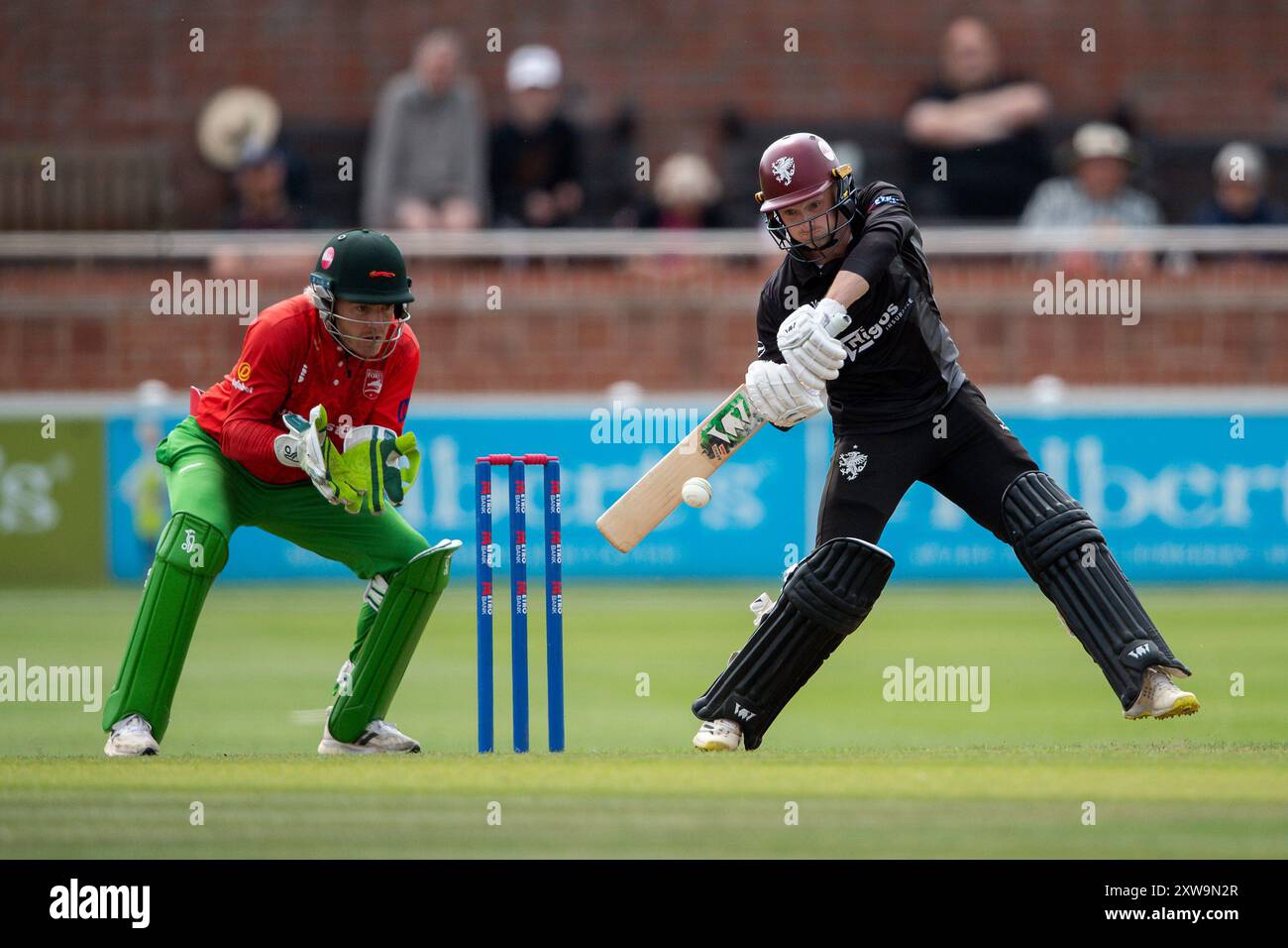 Taunton, Regno Unito. 18 agosto 2024. Lewis Goldsworthy della battuta del Somerset durante la semifinale della Metro Bank One Day Cup tra Somerset e Leicestershire al Cooper Associates County Ground. Crediti: Dave Vokes/Alamy Live News Foto Stock