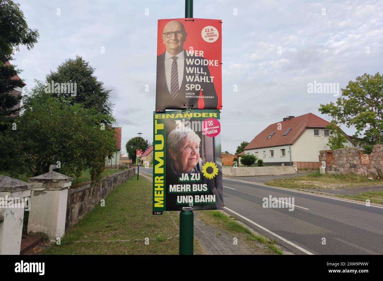 Brandenburg, Deutschland, 18.08.2024: Wahlplakate zur Landtagswahl: SPD-Plakat mit Dietmar Woidke Wer Woidke will wählt SPD und Grüne Ja zu mehr Bus und Bahn *** Brandeburgo, Germania, 18 08 2024 manifesti elettorali per le elezioni statali poster SPD con Dietmar Woidke chi vuole Woidke vota SPD e Verdi Sì a più autobus e treni Copyright: xdtsxNachrichtenagenturx dts 44531 Foto Stock