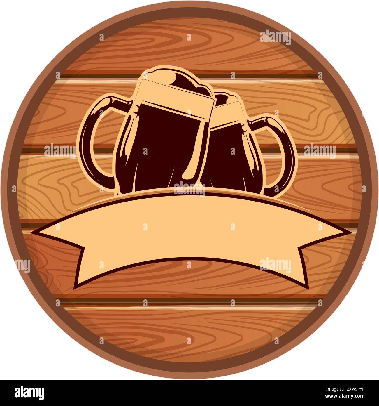 Etichetta delle tazze da birra sul barile di legno. Cartello del bar Illustrazione Vettoriale