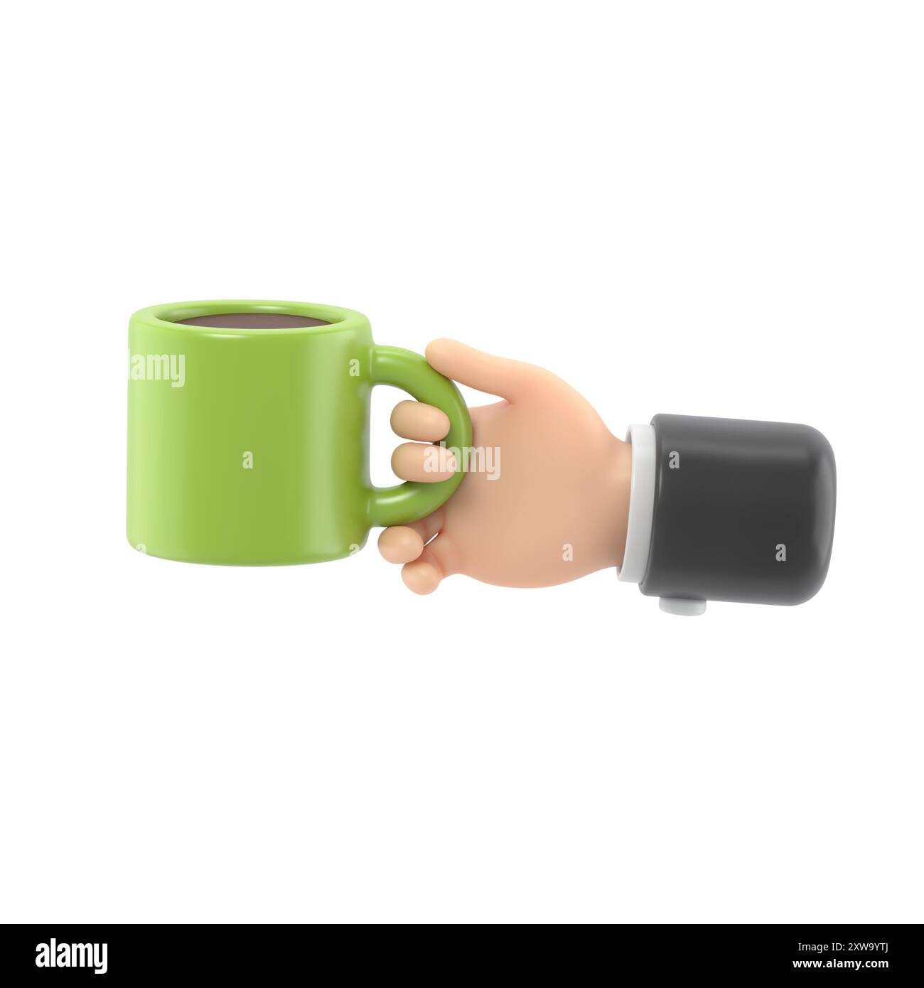 Icona del gesto del cartone animato Mockup.mano del cartone animato che tiene la tazza di caffè fumante.Rendering 3D su sfondo bianco. Foto Stock