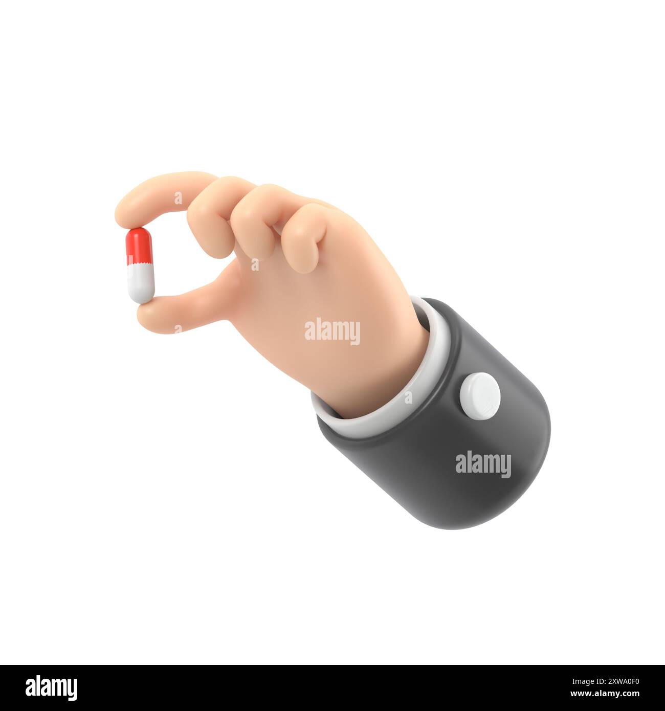 rendering 3d. icona pillola rossa e bianca. Mano di cartone animato medico o farmacista con pelle nera contiene piccole pillole. Illustrazione per il settore medicale. cl. Farmaceutica Foto Stock