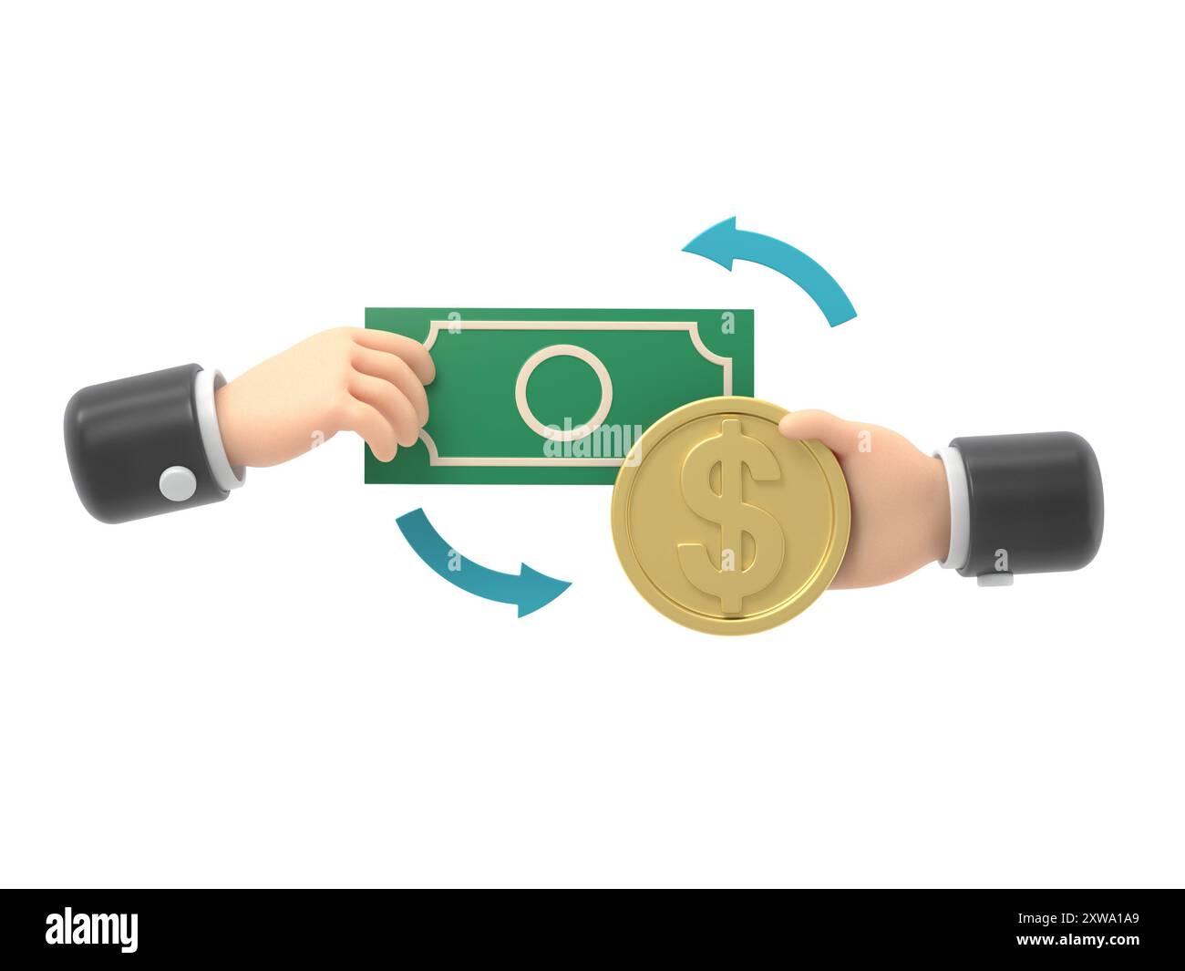 Scambio di monete 3D tramite Banknot. concetto di "tenere il denaro in affari". Investimenti finanziari e pagamenti online.rendering 3D su sfondo bianco. Foto Stock