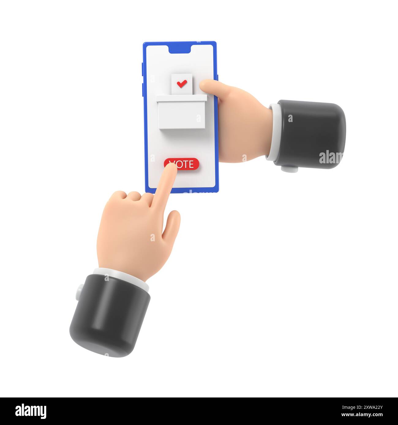 Concetto di votazione online. stile di progettazione piatta per illustrazioni 3d. Un uomo tiene uno smartphone in mano. Fate la vostra scelta. Bollettino,inserisce nella casella di voto. Electio Foto Stock