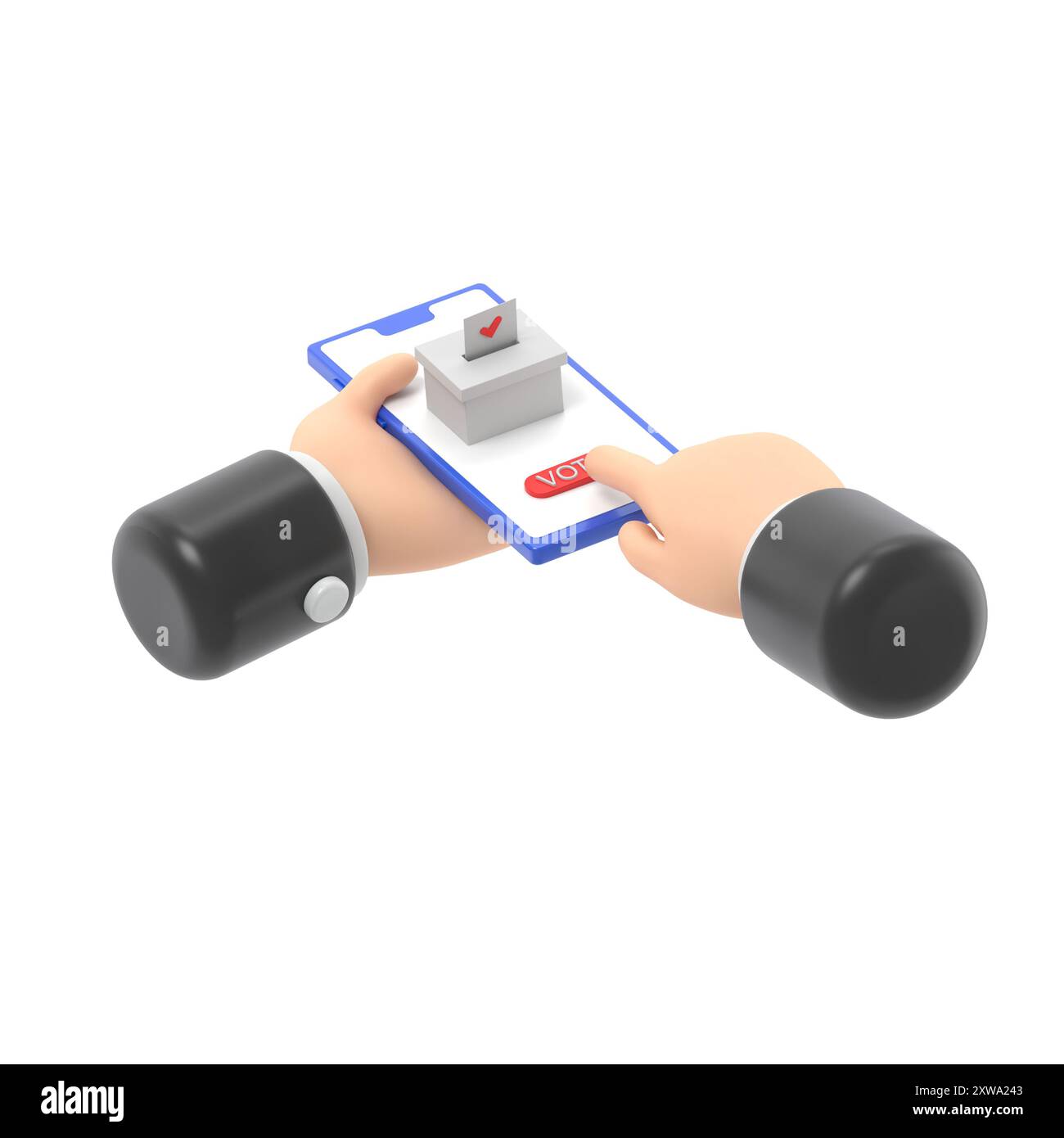 Concetto di votazione online. stile di progettazione isometrico dell'illustrazione 3d. Un uomo tiene uno smartphone in mano. Fate la vostra scelta. Bollettino,inserisce nella casella di voto. El Foto Stock