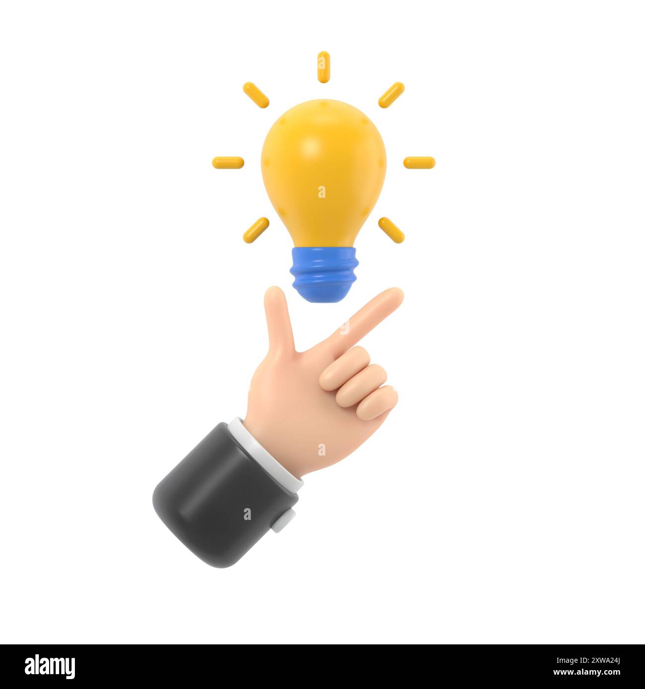 Puntare il dito verso l'alto sulla lampadina come un simbolo grande idea. Avere una nuova idea creativa. Soluzione del problema metafora.disegno piatto illustrazione 3D. Processi di pensiero. Foto Stock
