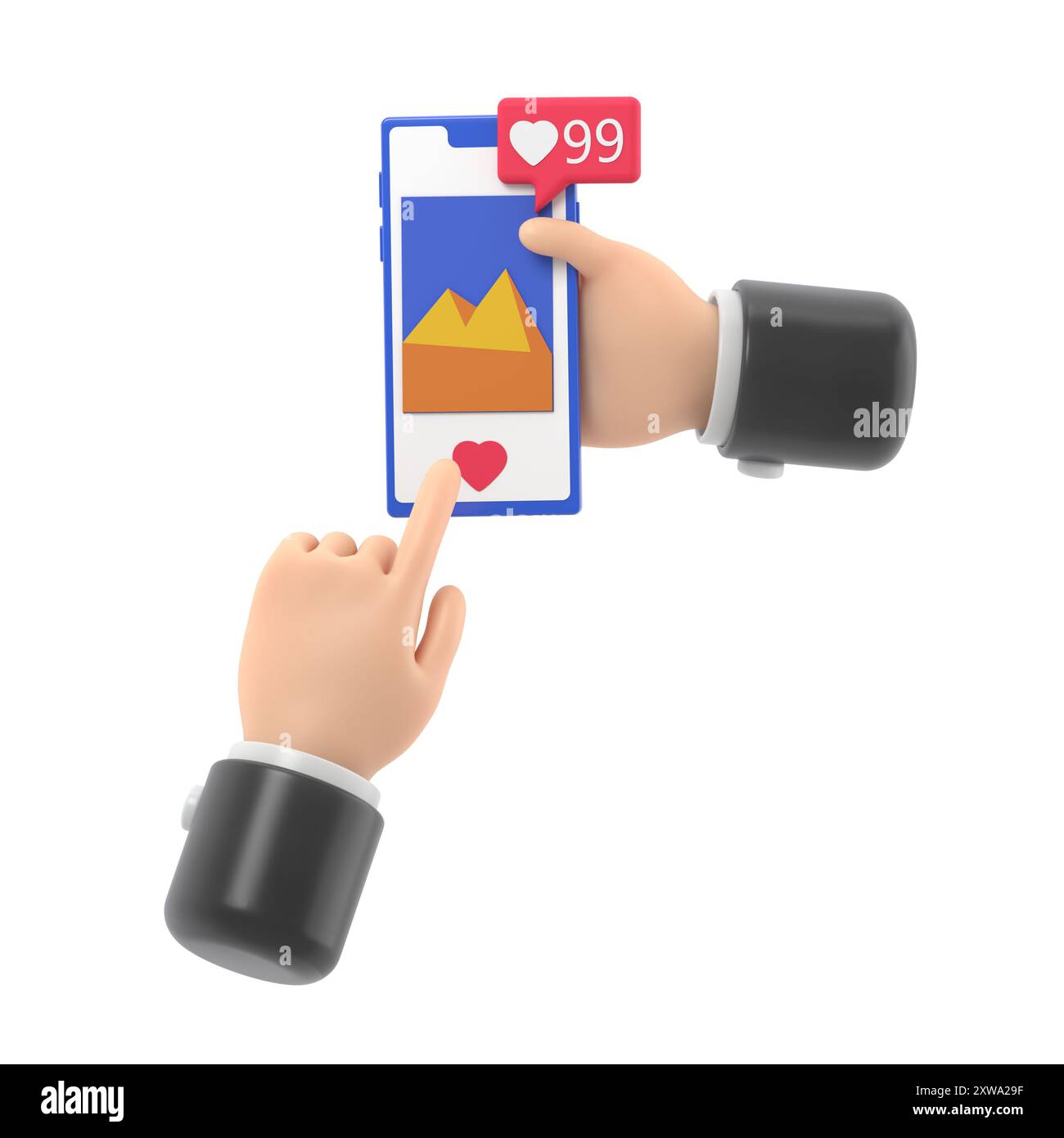 App social media, premi il pulsante come immagini. Smartphone mobile che tiene la mano. Smartphone con interfaccia social network.rendering 3D su sfondo bianco Foto Stock