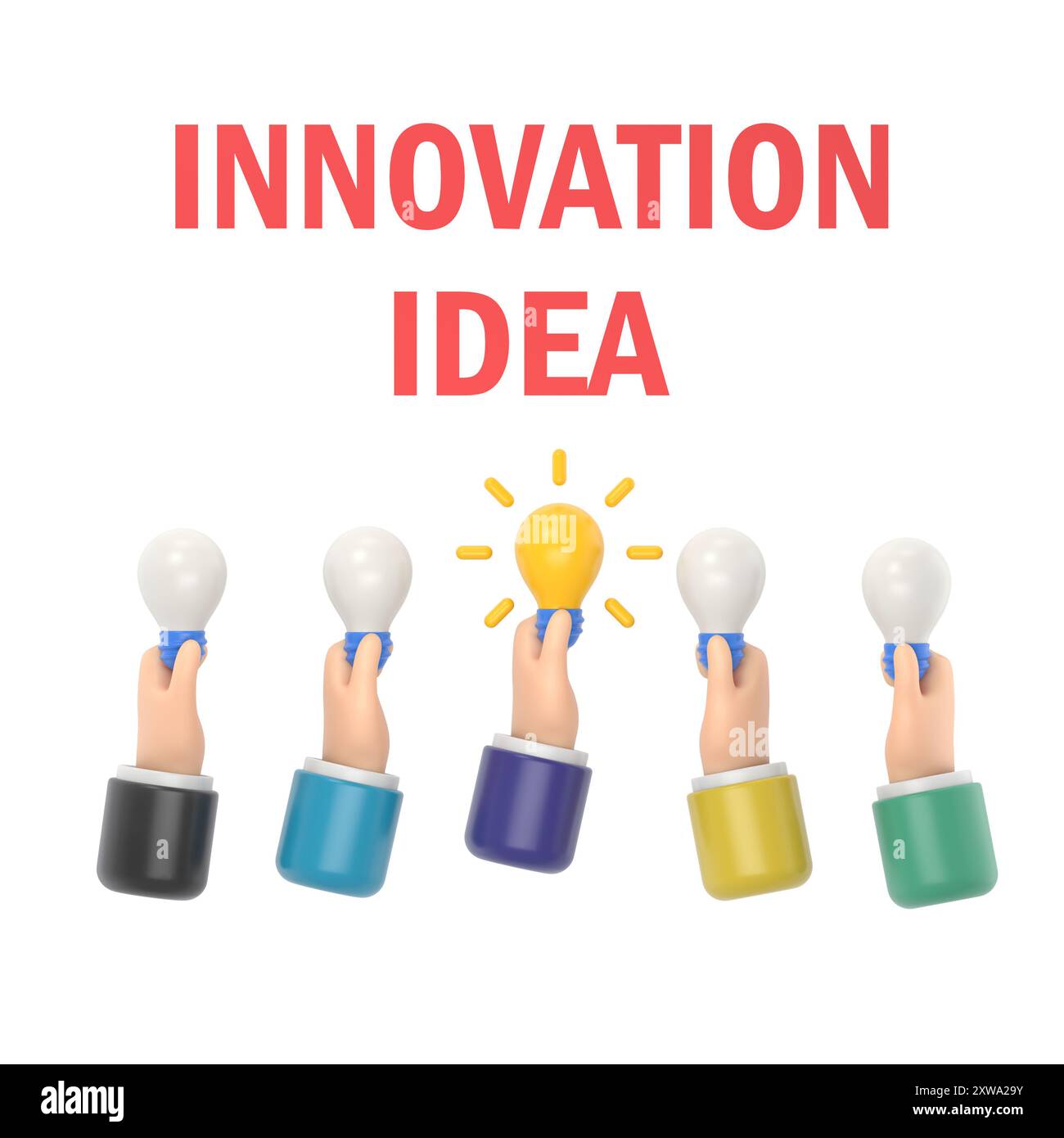 Un'idea unica. Concetto di lampadina che tiene la mano. Soluzione tecnologia innovativa. disegno in stile piatto per illustrazioni 3d. Lampada elettrica simbolo della creatività. Foto Stock