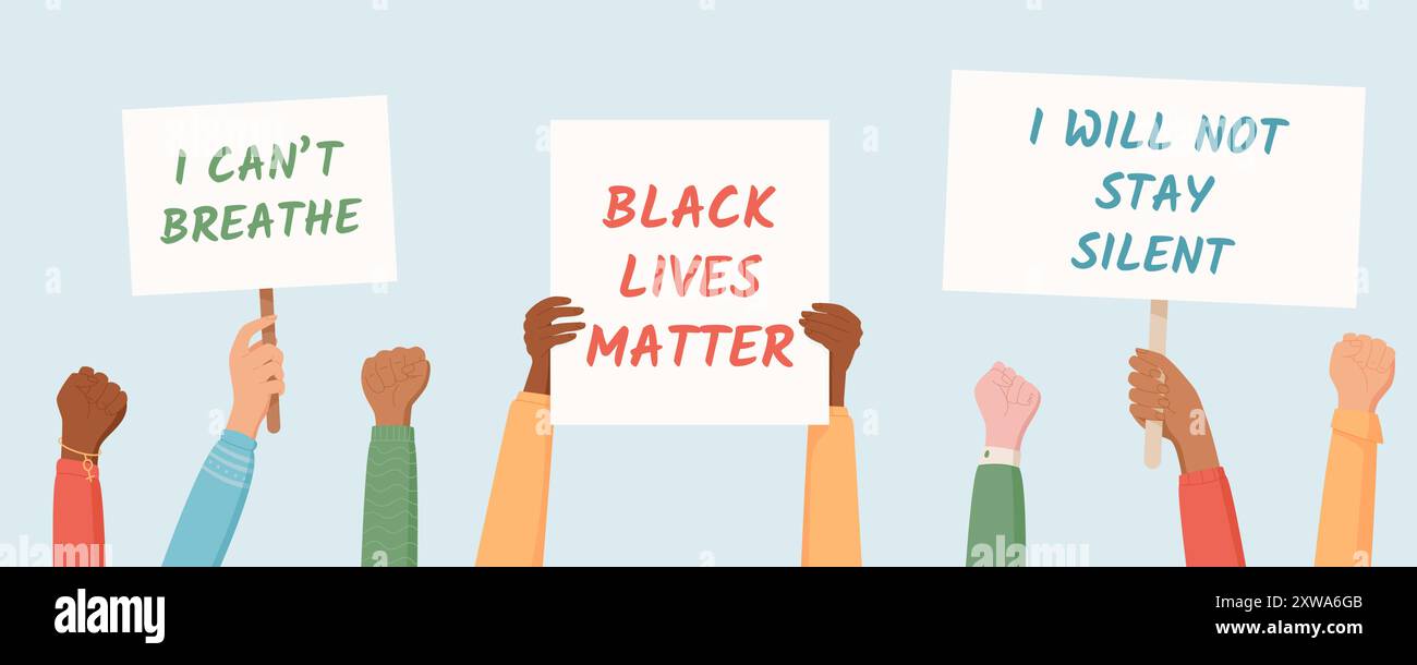 Mani diverse tengono segni di Black Lives Matter Illustrazione Vettoriale