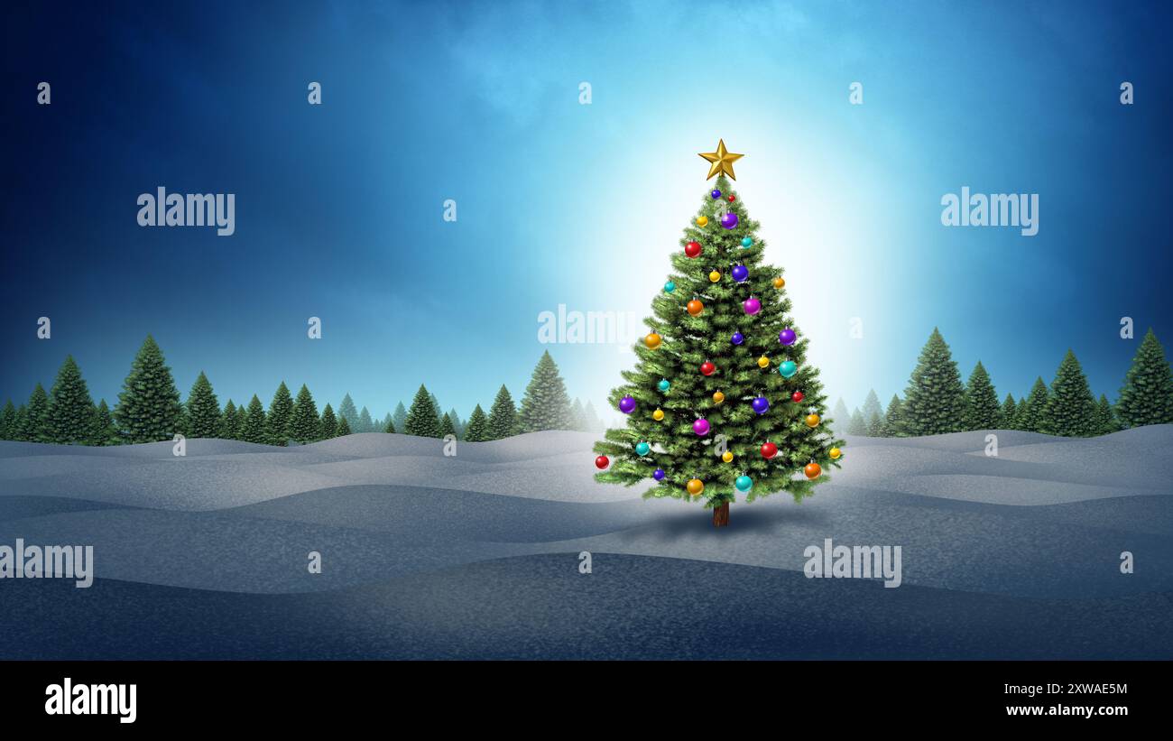 Albero decorato a Natale paesaggio invernale come una celebrazione natalizia con una pineta e alberi sempreverdi invernali per le vacanze festive Foto Stock