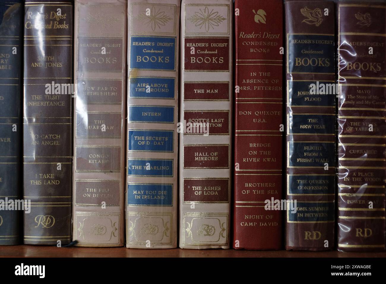 Volumi di vecchi dischi Readers Digest, Condensed Books, colonne di sette libri su uno scaffale, vari titoli popolari del Times Foto Stock