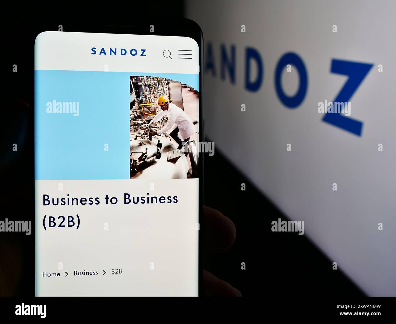 Persona che possiede un telefono cellulare con la pagina web della società farmaceutica svizzera Sandoz Group AG davanti al logo. Messa a fuoco al centro del display del telefono. Foto Stock