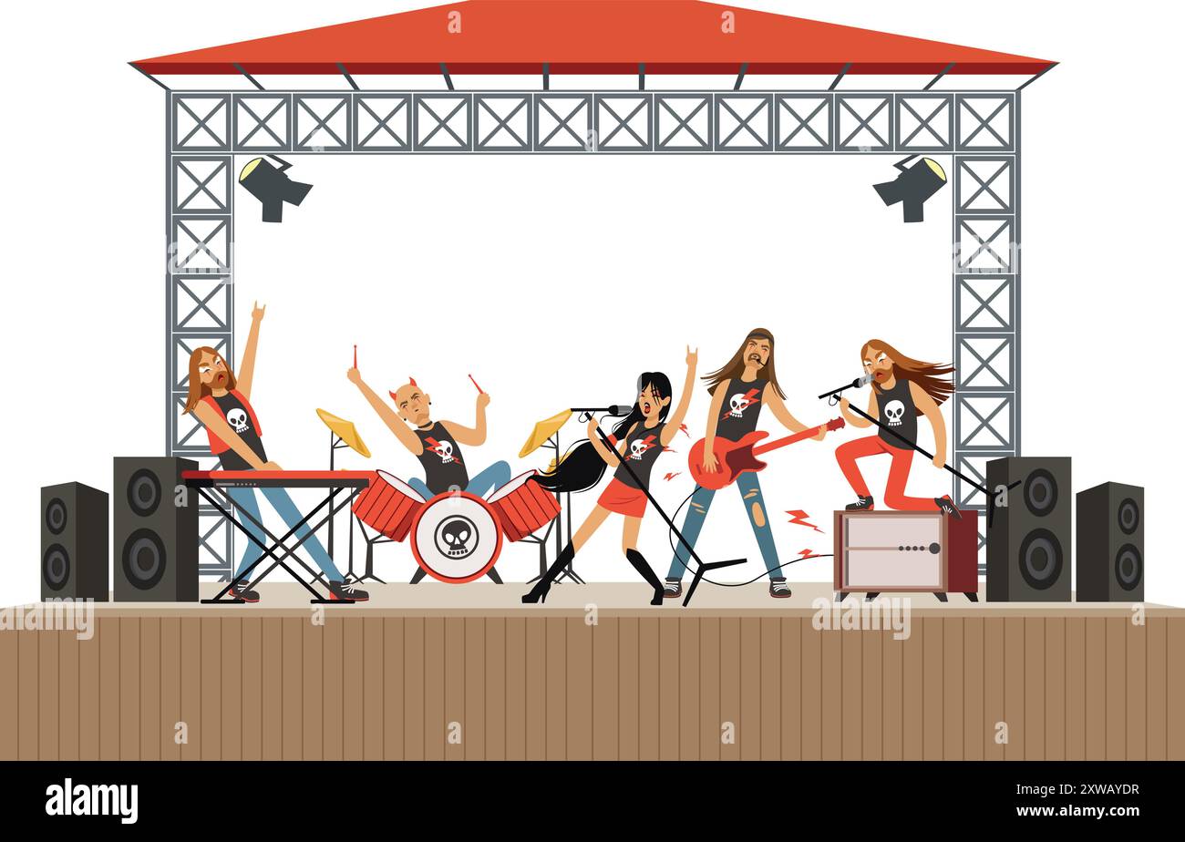 Illustrazione di concerti di rock band. Il musicista suona sul palco Illustrazione Vettoriale