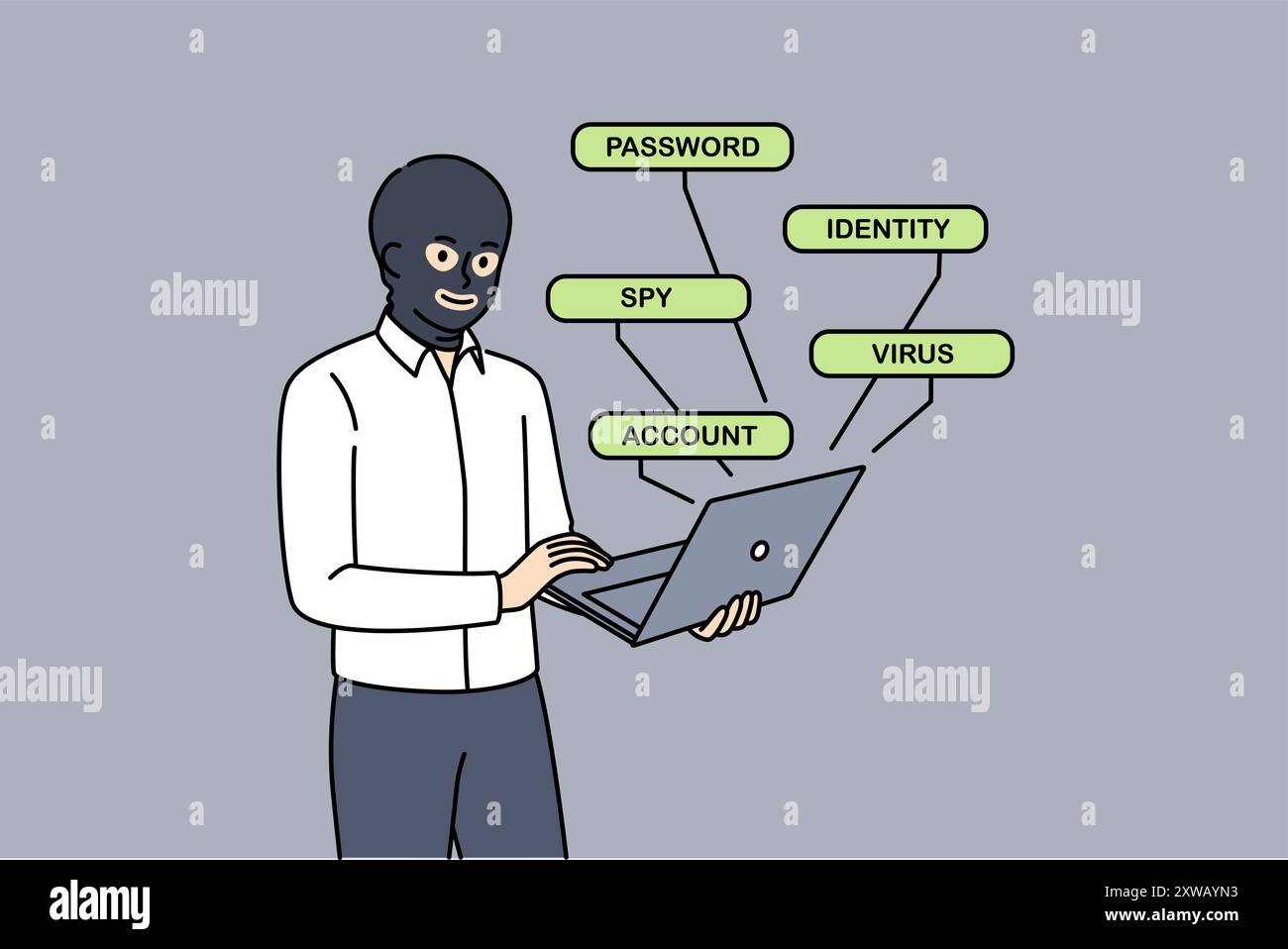 Uomo hacker hacker sito web attraverso laptop, in piedi in maschera nascondendo faccia per rimanere anonimo. Hacker anonimo crea virus spia per crack password account e rubare numeri di carta di credito Illustrazione Vettoriale