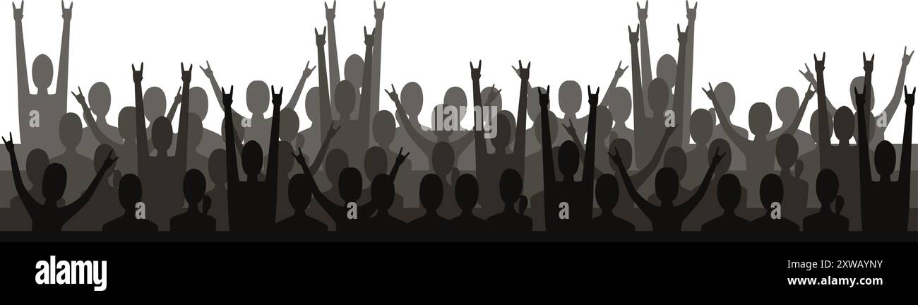 Folla di concerti rock. Persone pubblico silhouette grigie Illustrazione Vettoriale