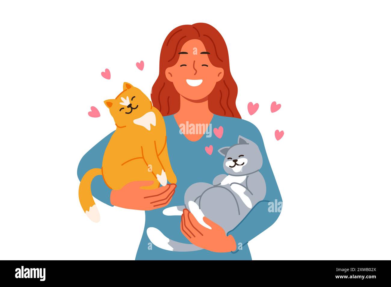 Una donna con due gatti in braccio ama i propri animali domestici trovati in un rifugio con animali senzatetto Illustrazione Vettoriale